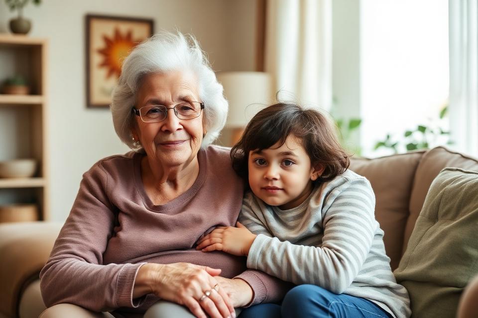 Oma en kleinkind samen thuis in de woonkamer