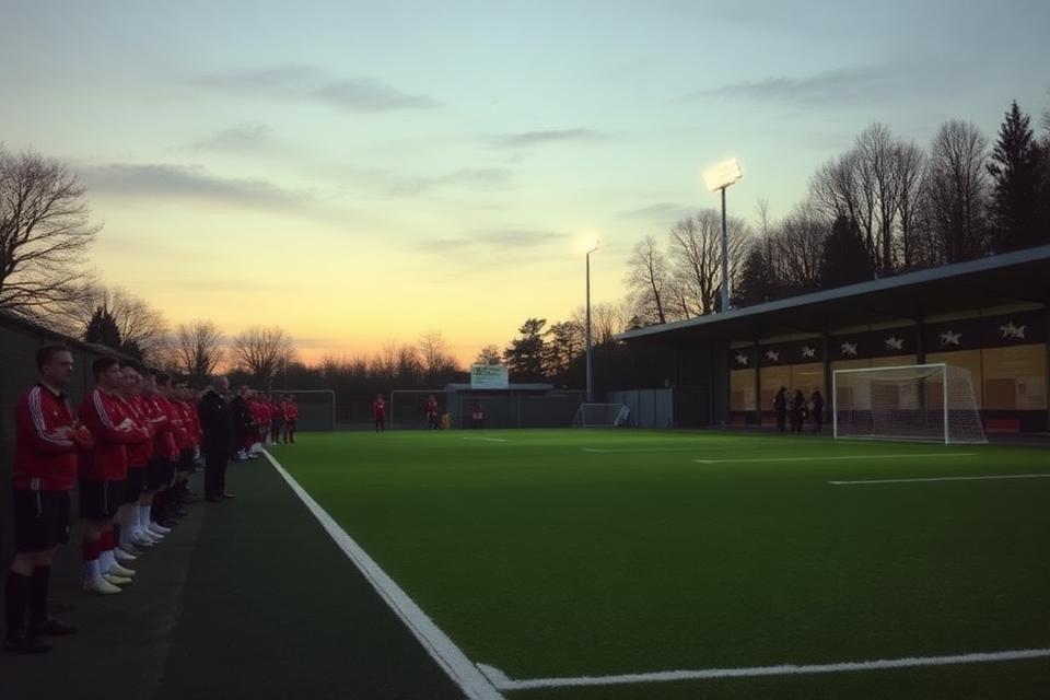 Sportcomplex met spelers en vrijwilligers langs de lijn